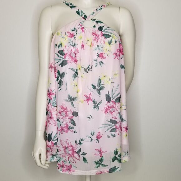 Torrid Mesh Halter O-Ring Tank Top All Over Floral Print Pink Size 2 - Picture 2 of 12